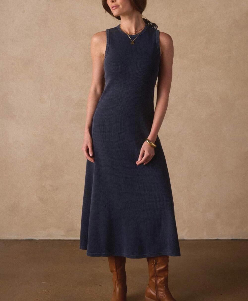 The Normal Brand Vintage Knit Thermal Dark Indigo Blue Midi Dress Size S
